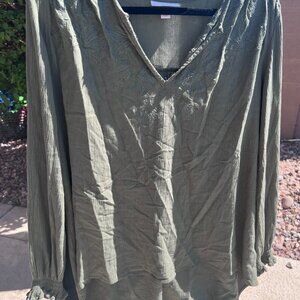 SZXL Knox Rose Soft Olive Top. V neck, Gathered sleeve accent, embroidery